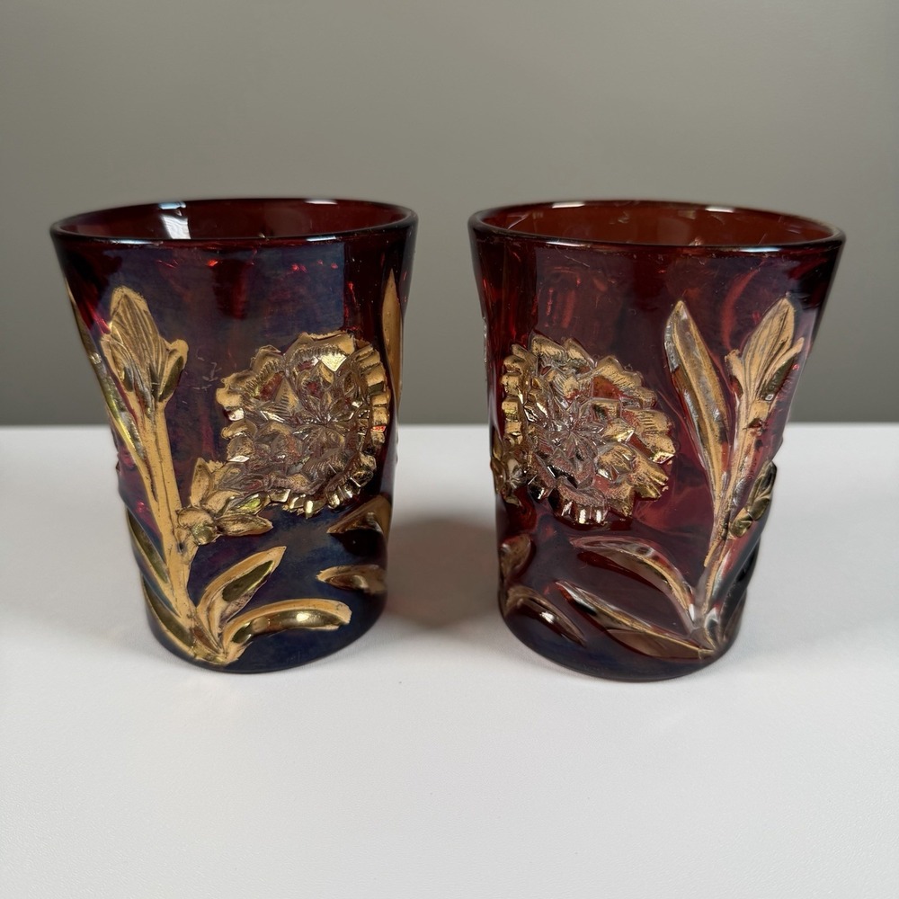 Antique New Martinsville Carnation No. 88 Ruby Flash Gold Floral Tumblers 2